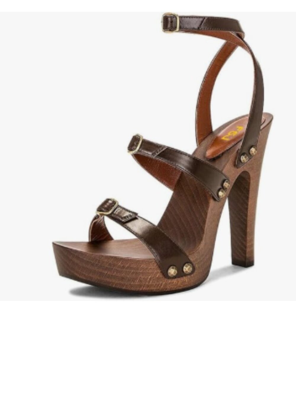 FSJ Brown Open Toe Triple Buckle Straps Clog Heels Studded Platform Sandals